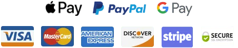 Apple Pay, PayPal, Google Pay, Visa, Mastercard, Amex, Discover, Stripe