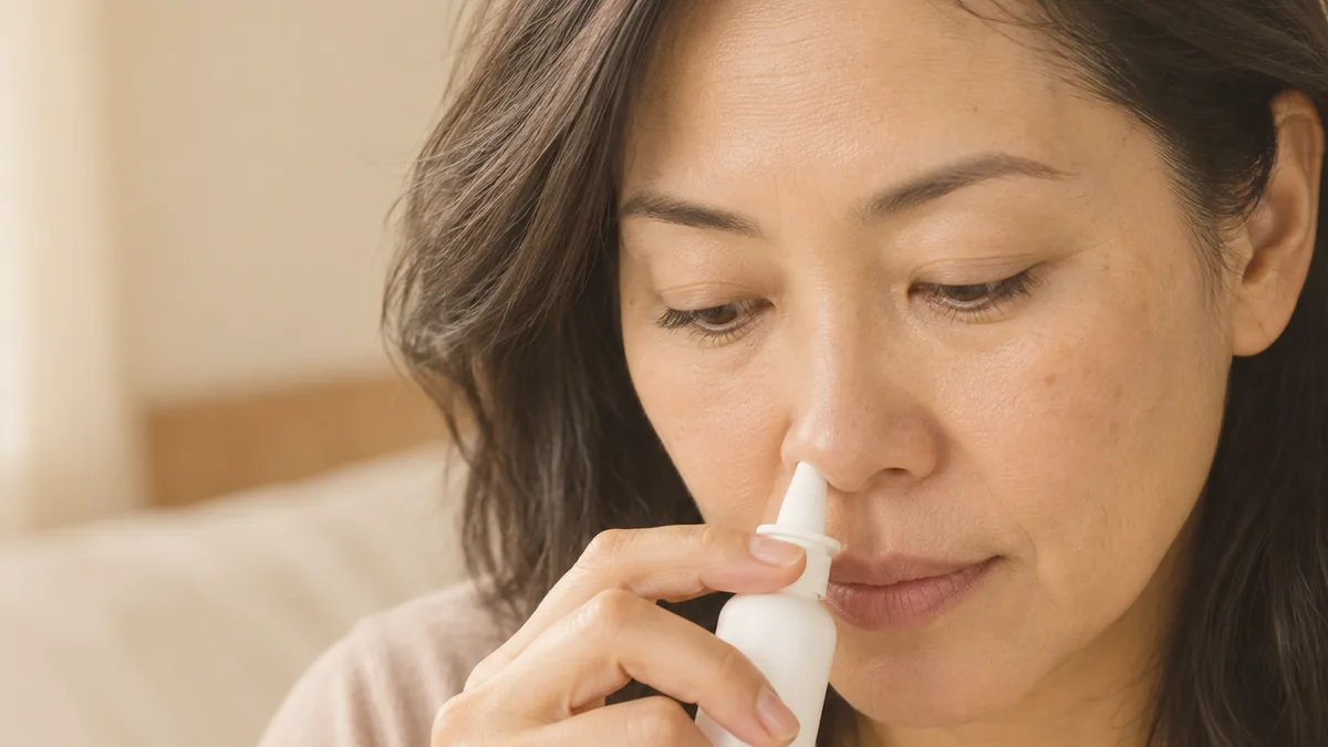 A woman using a nasal spray in one nostril