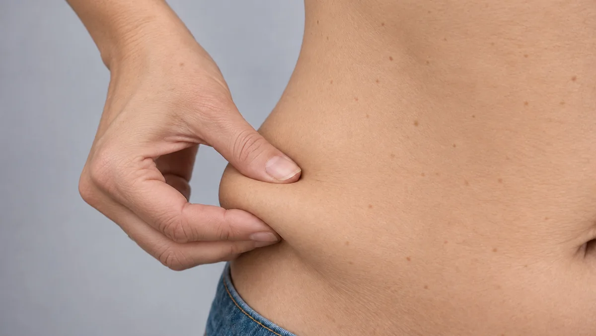 A woman pinching a soft fold of skin at her waist